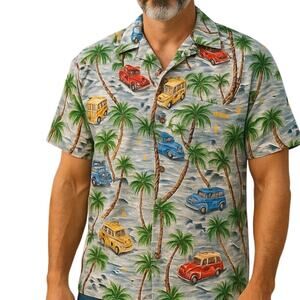 Woody Hawaiian Shirt‎ M Cars PalmTrees Tropical Hawaii Alohawear Retro Vacation